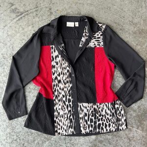 Chicos Animal Print Patchwork Textured Button Down Blouse Top Red Black Size 2